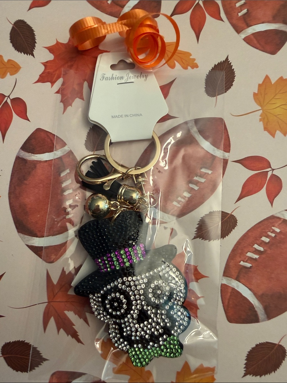 Fashion Jewelry Black Rhinestone Skull Keychain w/Green & Purple Accents